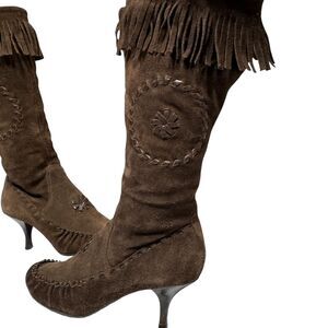 Vintage Boho Boots Size Narrow 36 (5.5/6) Brown Fringe Leather Suede Boots *flaw